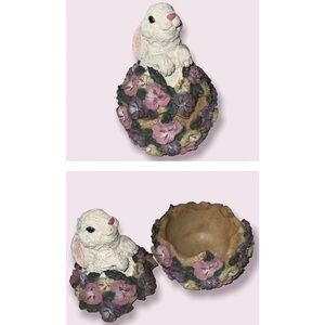 Springtime Easter Resin Sparkle White Bunny Multicolor Floral Egg Trinket Box